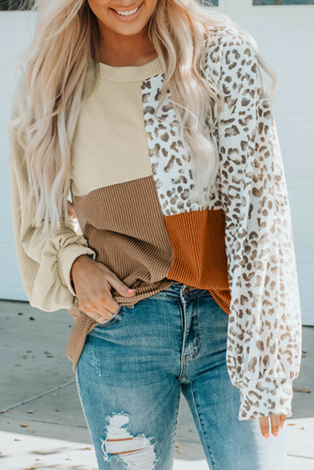 Women's Color Block Leopard Long Sleeve Knit Pullover