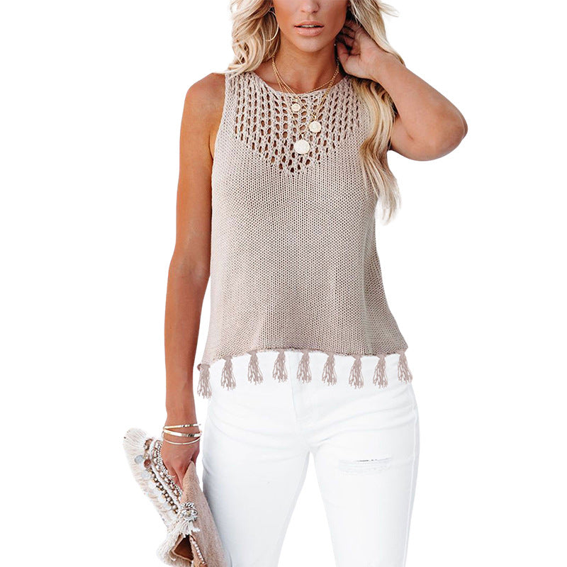 Sleeveless Hollow Knit Tassel Hem Tank Top for Summer