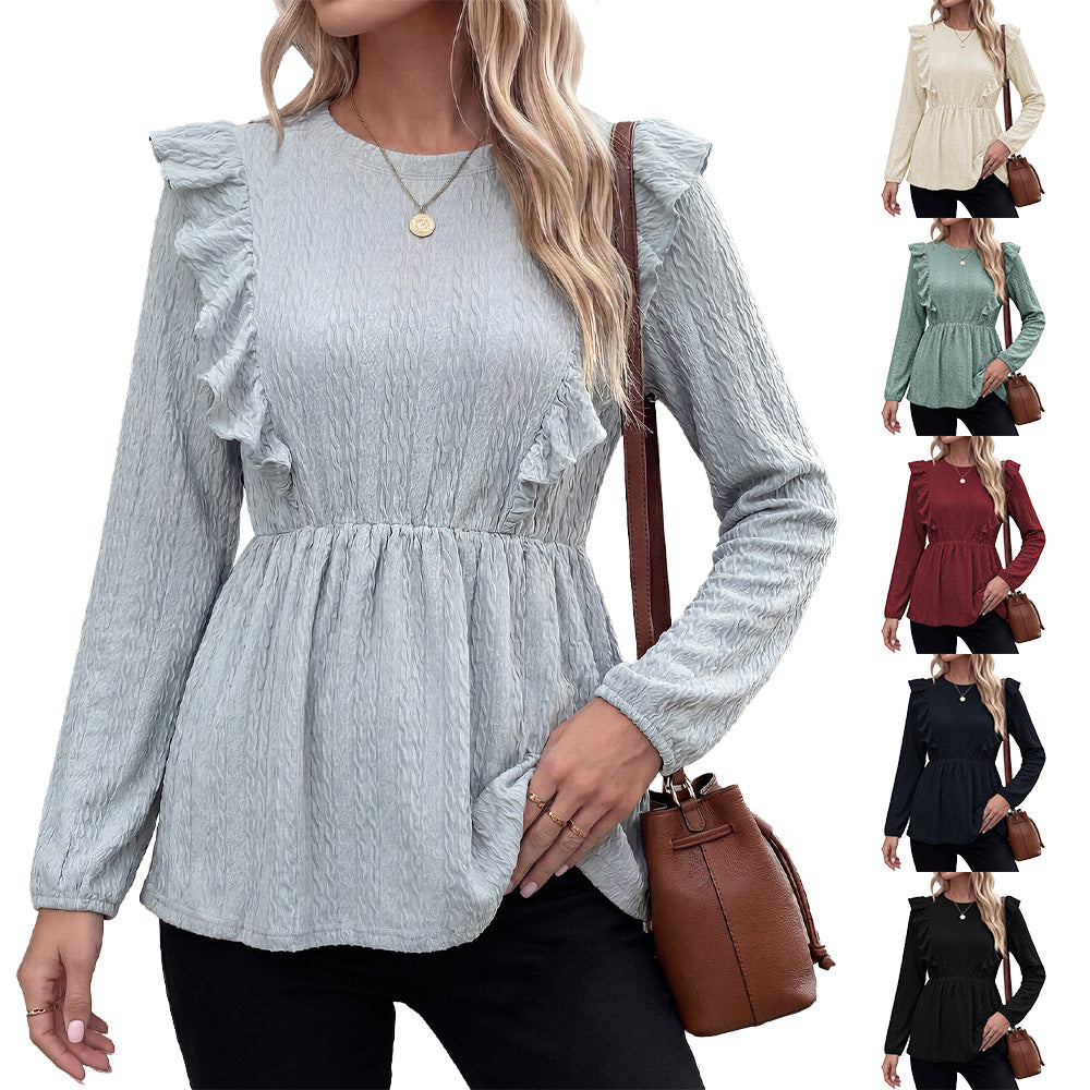 Women's Casual Ruffle Peplum Long Sleeve Crew Neck Blouse