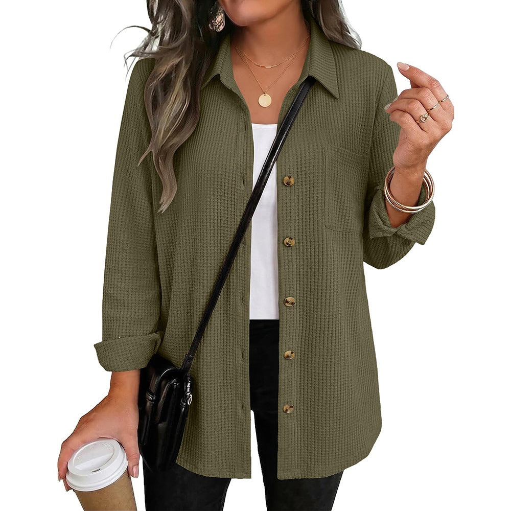 Waffle Knit Button Down Shacket Casual Long Sleeve Top