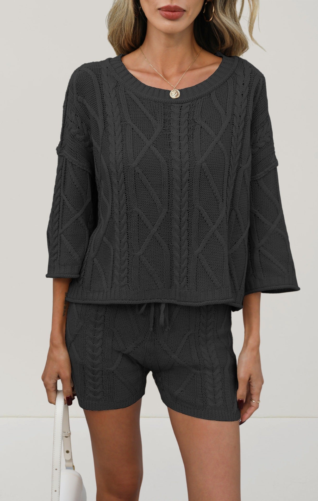 Khaki Knit Lounge Set Cable Textured Top Shorts Set
