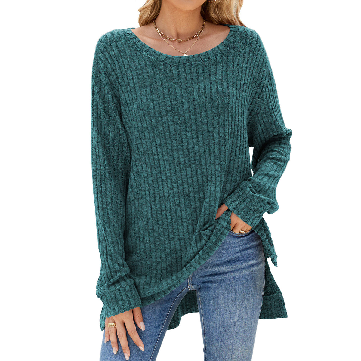 Women's Oversized Ribbed Long Sleeve Side Slit Tunic