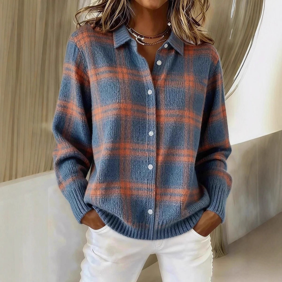 Plaid Knit Shirt Cardigan for Women, Relaxed Button-Up
