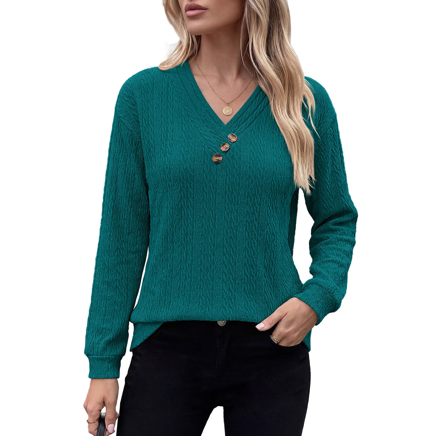 Womens Loose V Neck Button Long Sleeve Textured Top