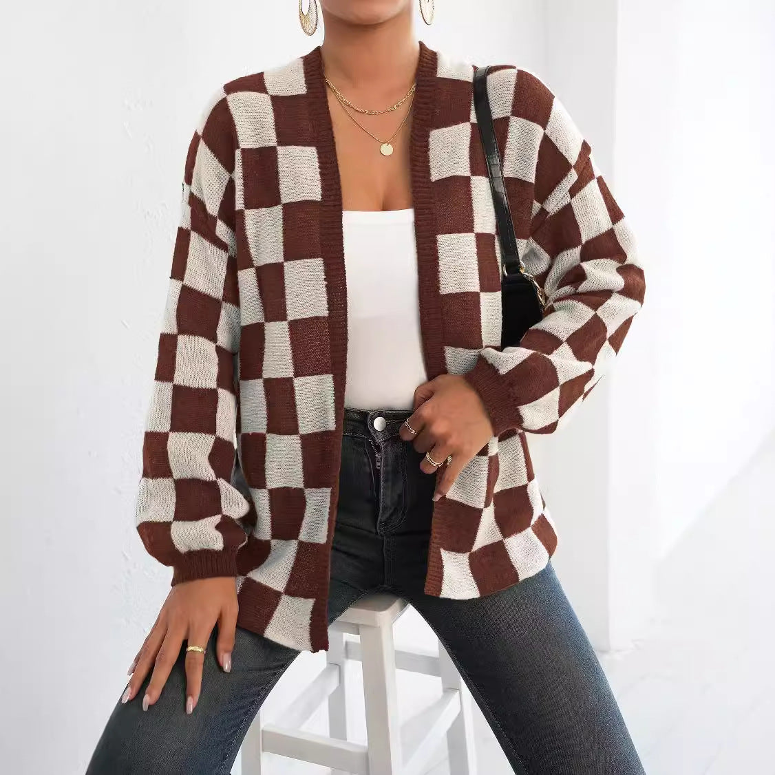 Women's Checkered Cardigan Color Block Knit Open Front