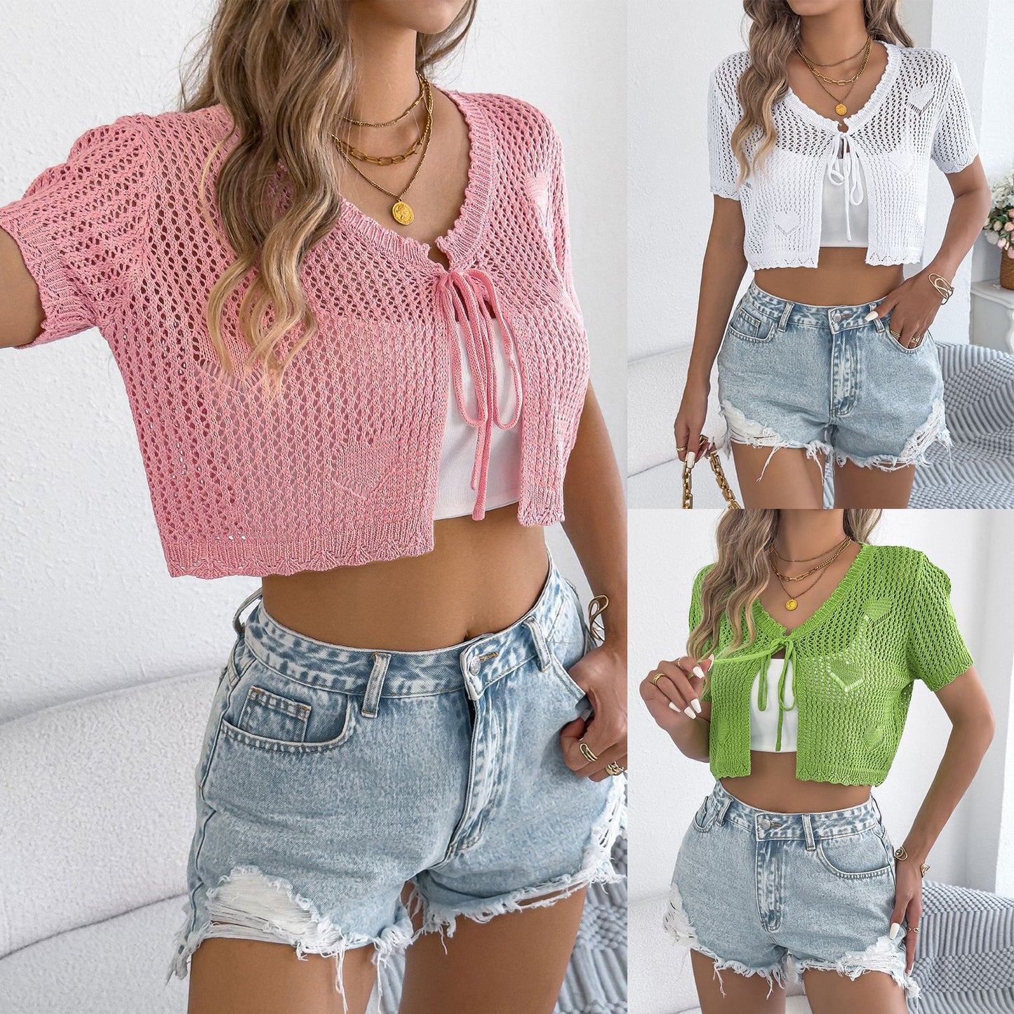 Women Heart Knit Tie Front Crop Cardigan Sweater