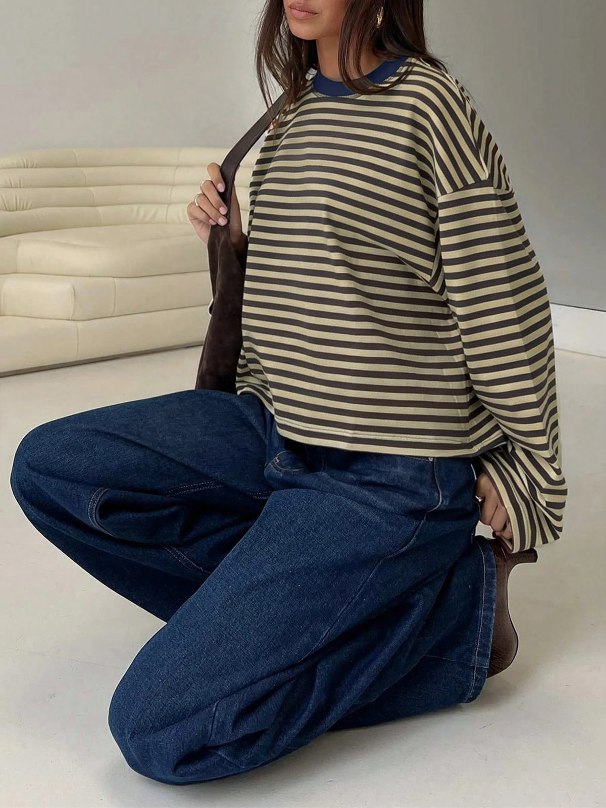 Women's Oversized Striped Long Sleeve Pocket T-Shirt