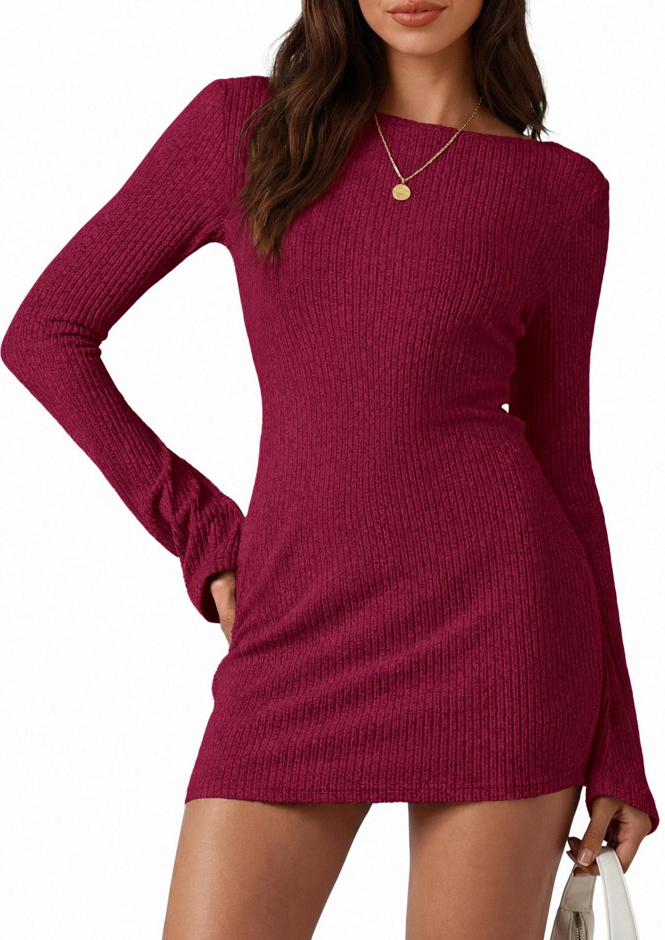 Ribbed Knit Mini Dress Long Sleeve Slim Fit Casual Style