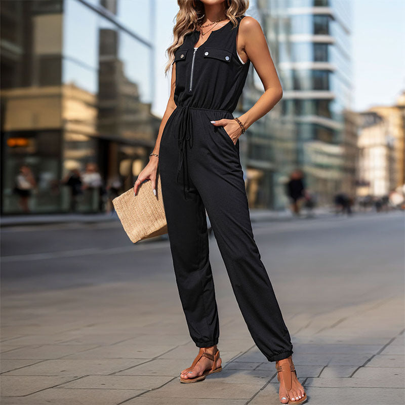Zip Front Sleeveless Black Jogger Jumpsuit