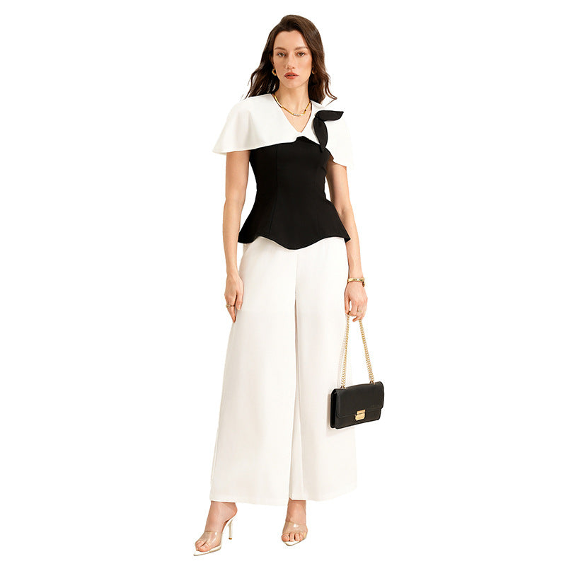 Elegant Black White Contrast Two Piece Pant Set