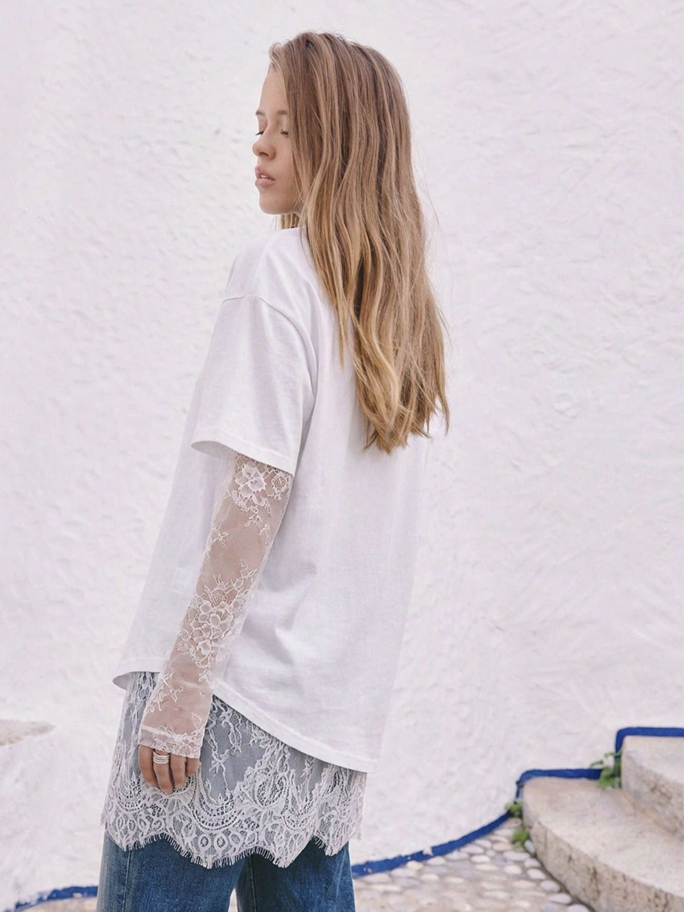 Women Lace Patchwork Sheer Sleeve Loose T Shirt