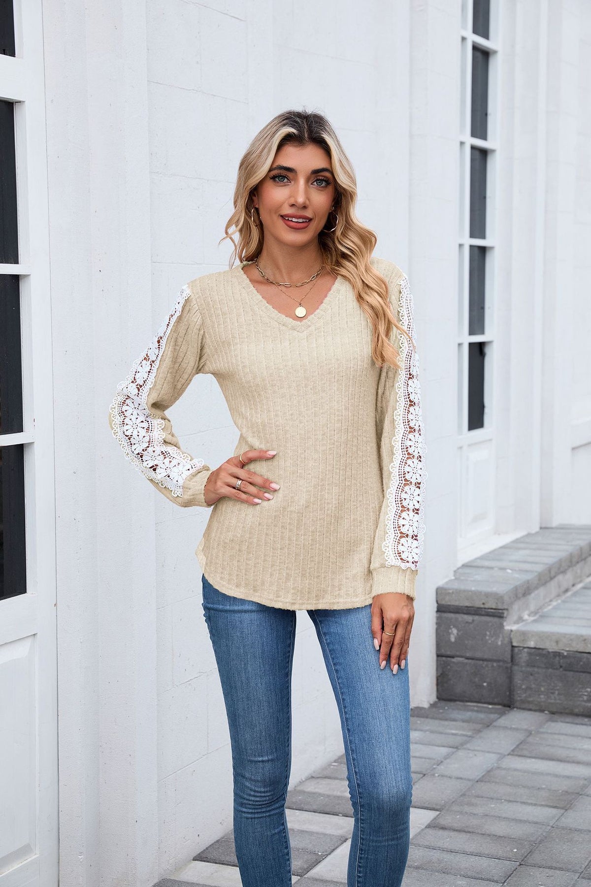 Women's V-Neck Lace Trim Ribbed Knit Tunic Top