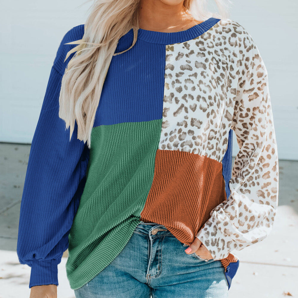 Women's Color Block Leopard Long Sleeve Knit Pullover