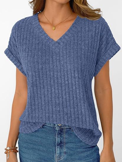Solid Ribbed T Shirt Casual V Neck Loose Fit