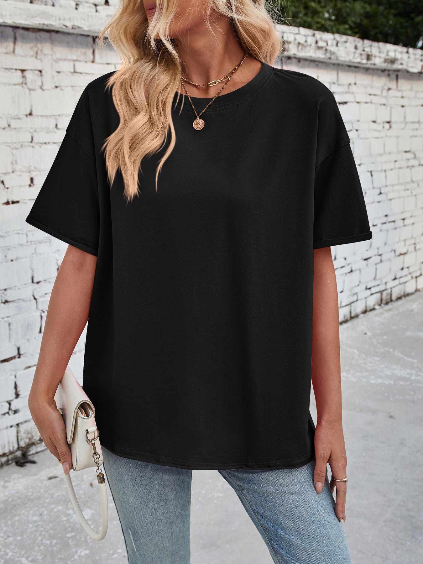 Solid Rayon T Shirt Oversized Crew neck Short Sleeve