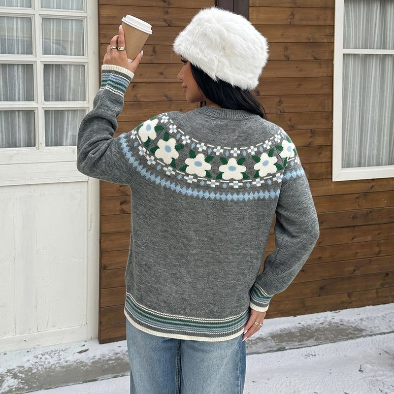 Women's Fair Isle Floral Oversized Crew Neck Sweater