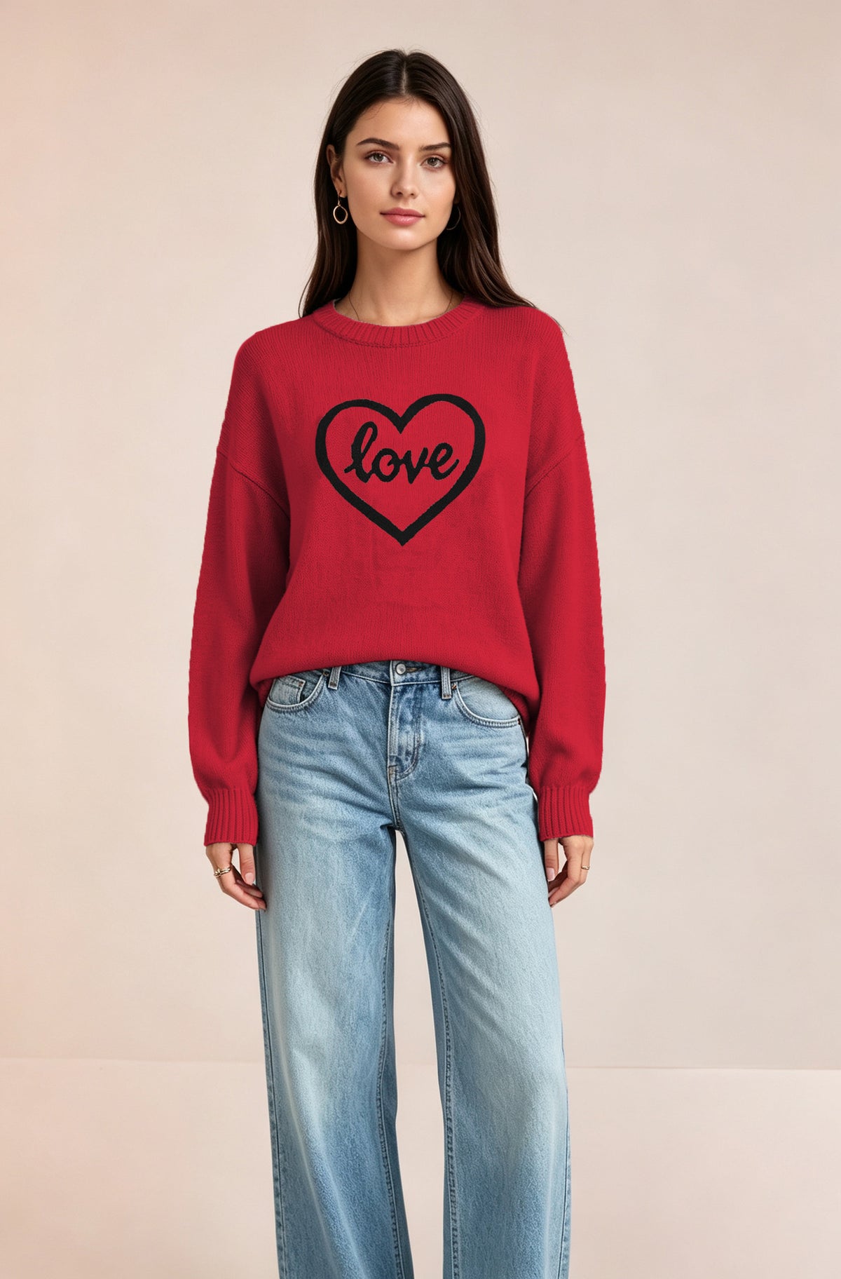 Women's Heart Graphic Crewneck Knit Pullover Sweater