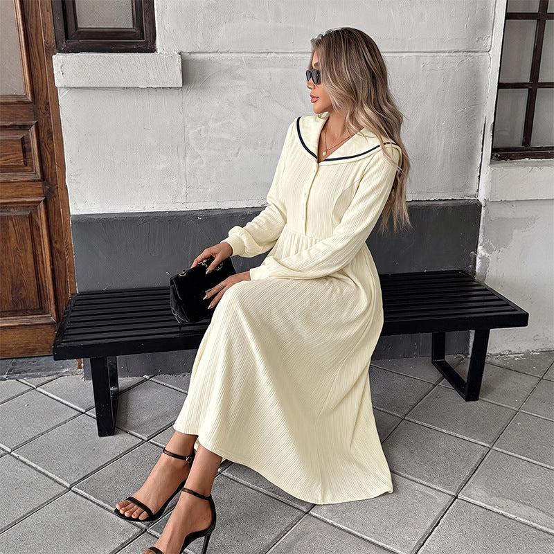 V Neck Midi Dress Button Front High Waist A Line Dress