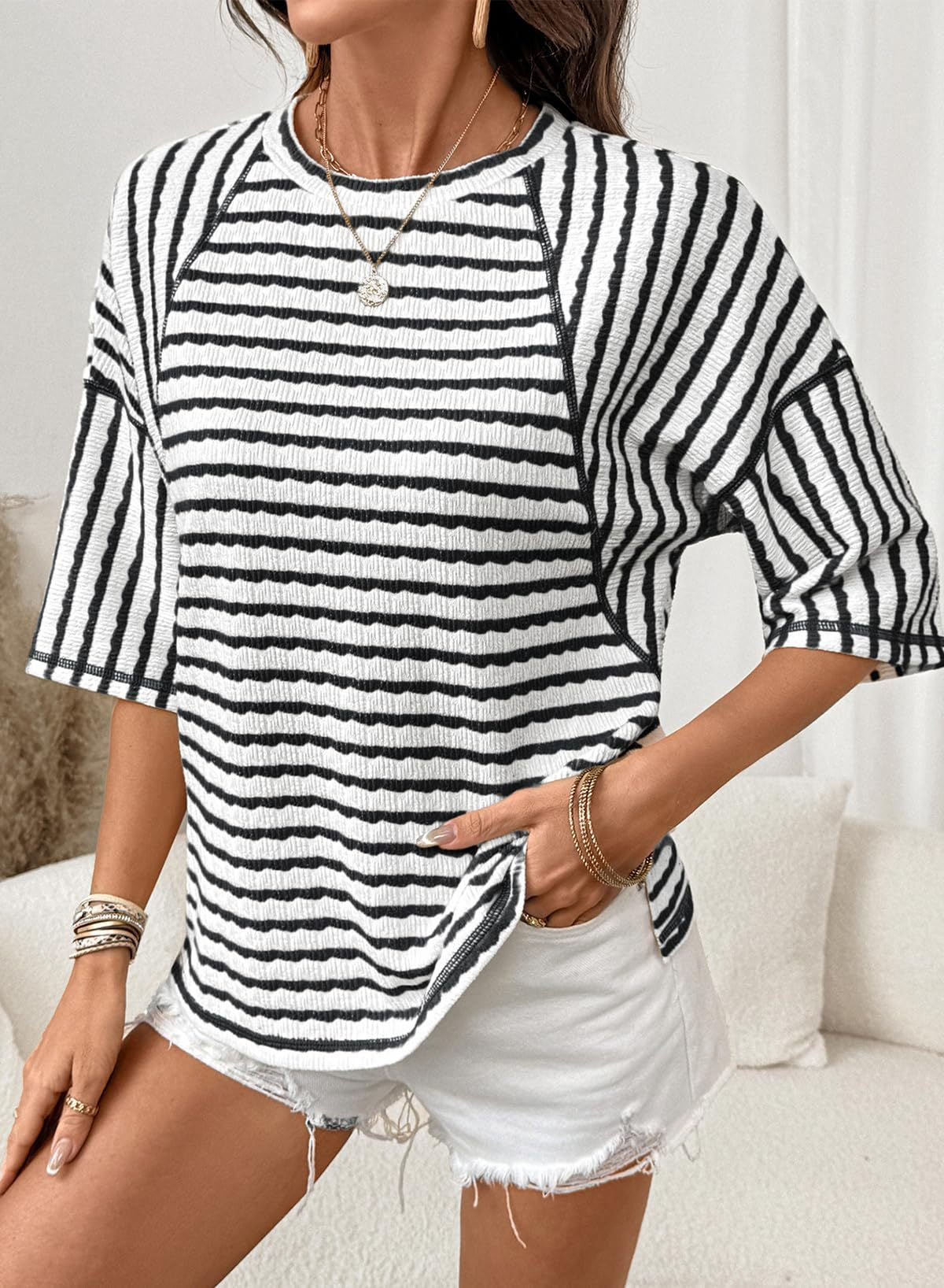 Striped Textured Tee Oversized Casual Boutique Top