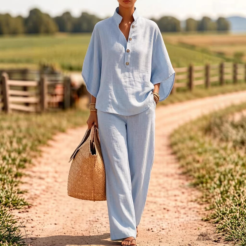 Solid Linen Blend Button Top Wide Leg Pant Set