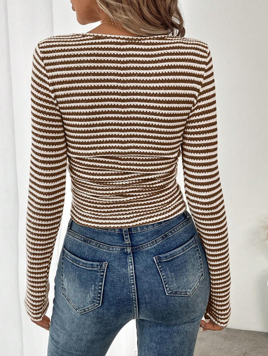 Striped Cotton Knit Top Trendy Fitted Square Neck