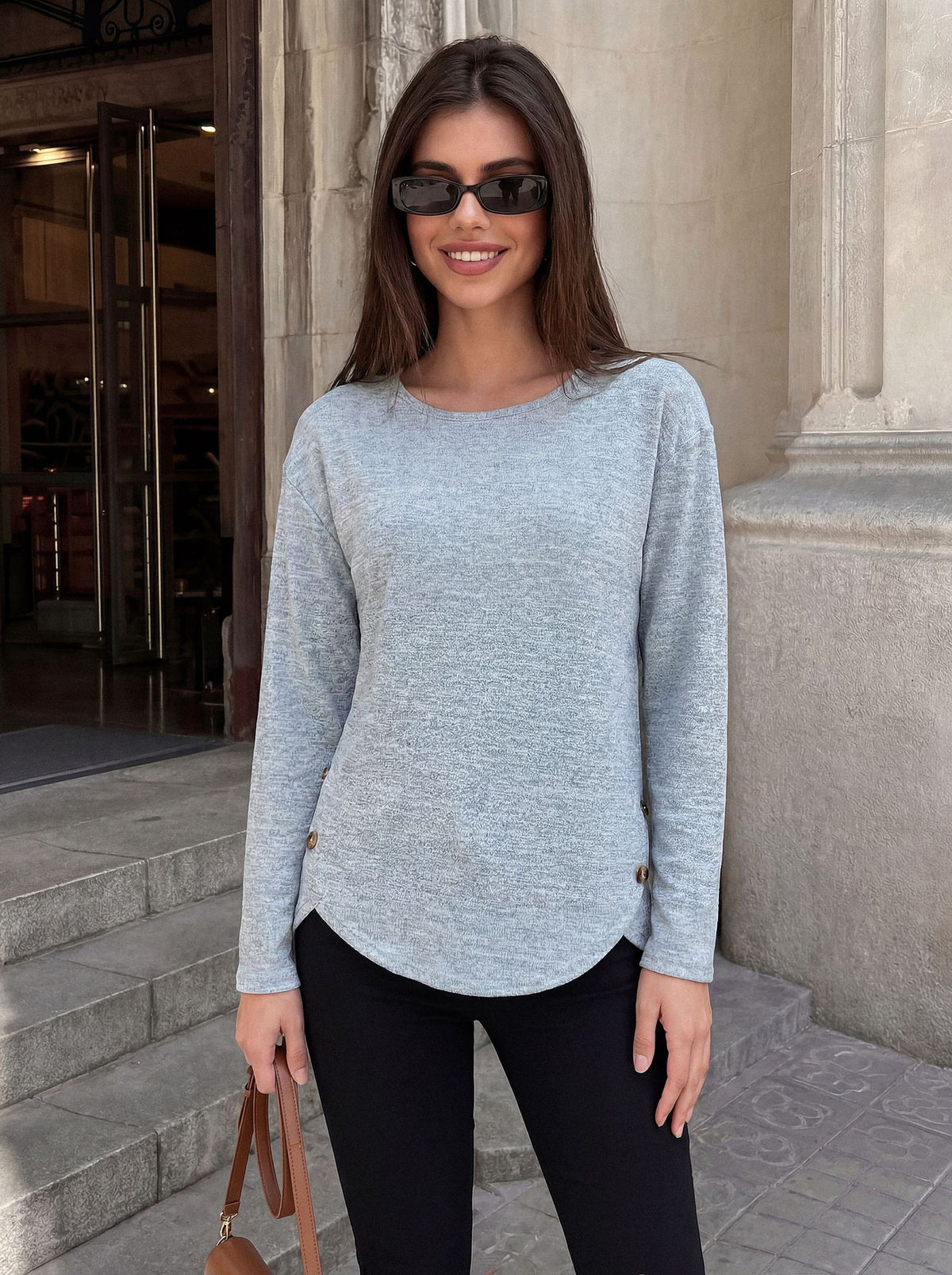 Women's Loose Long Sleeve Side Button Slit Tunic Top