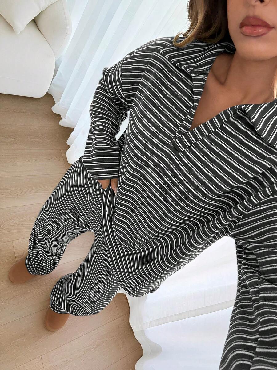 Striped Lounge Set Casual Collared Pullover Wide Leg Pants