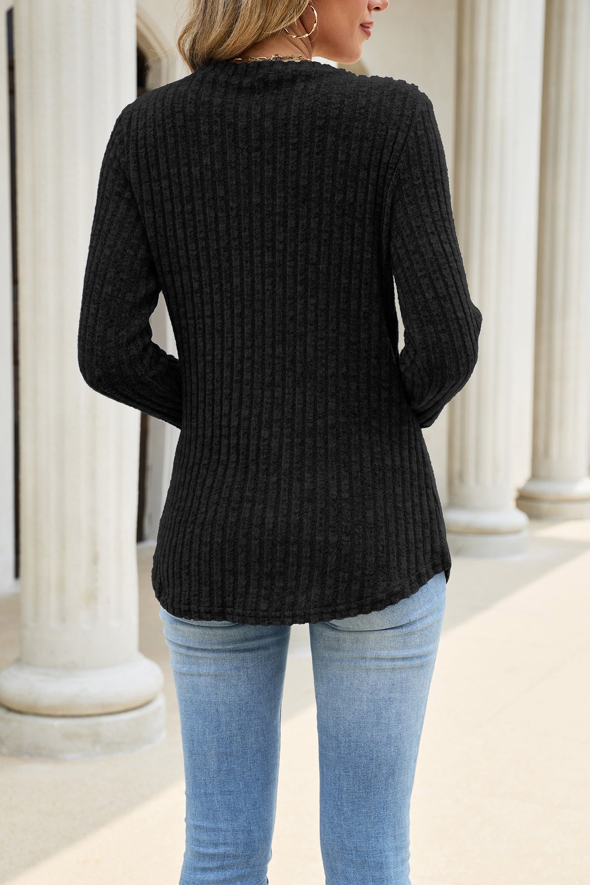 Women's Eyelet Cuff Ribbed Tunic Top Long Sleeve Loose Fit