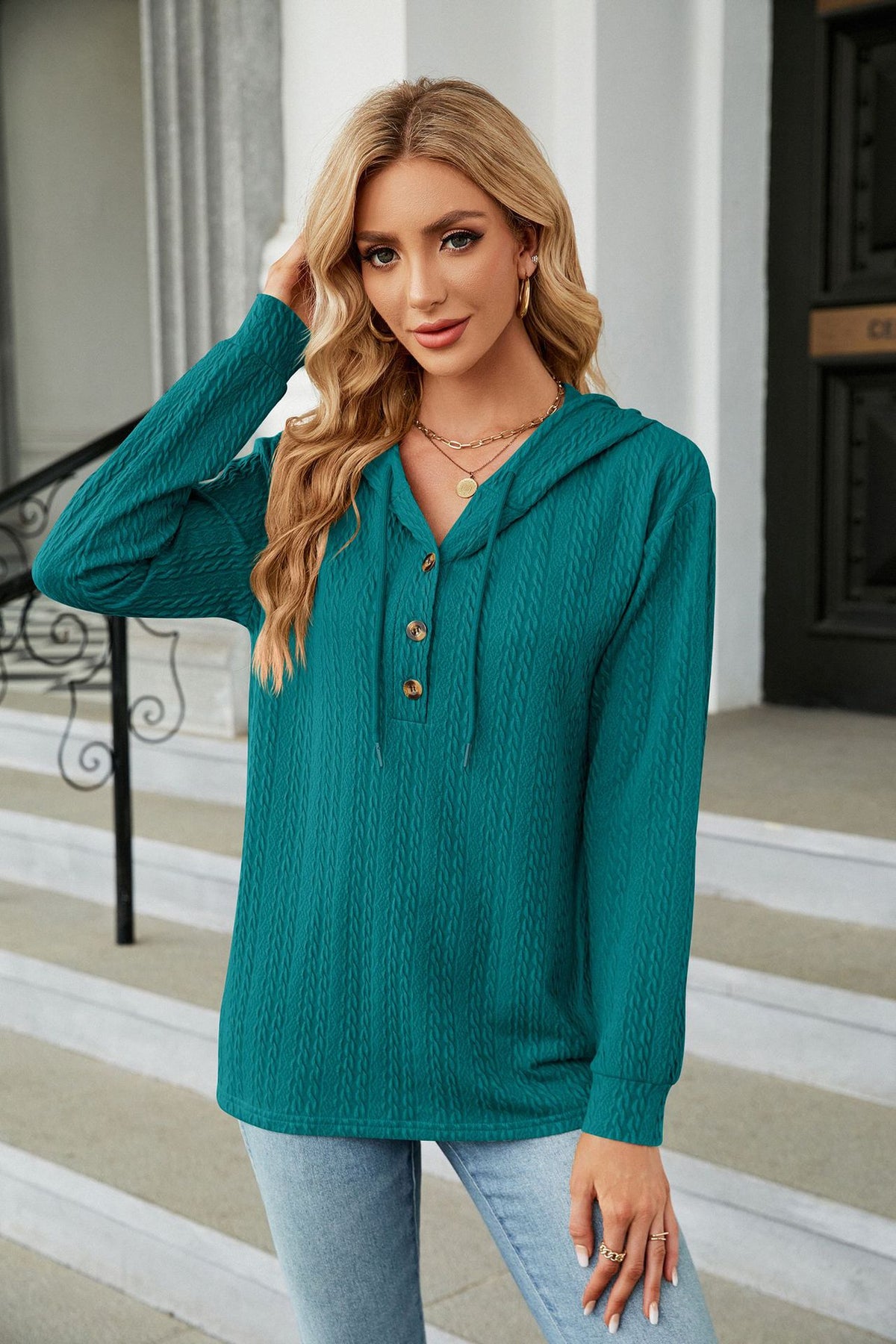 Women's Button Hoodie Long Sleeve Casual Loose Pullover