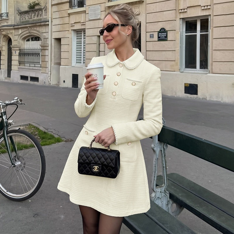 Womens Tweed Mini Dress Long Sleeve Collared Button Front