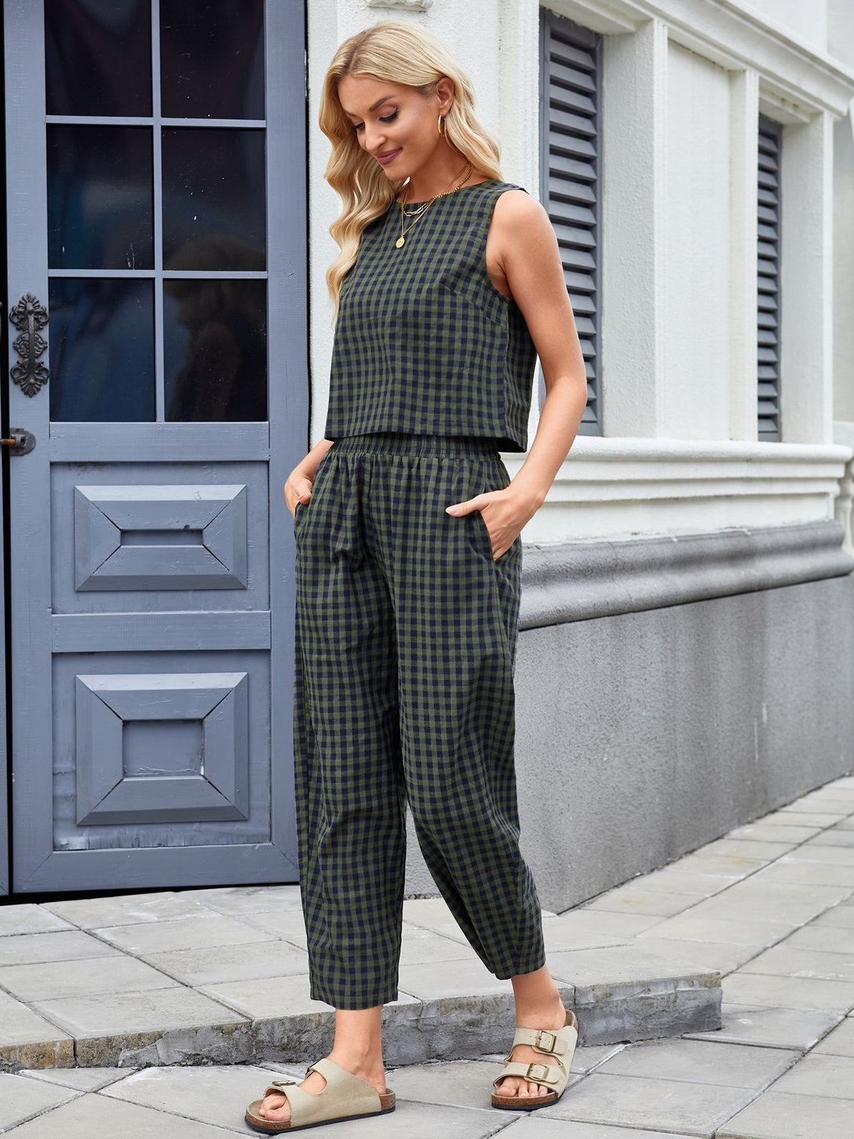 Women's Plaid Sleeveless Top & Pants Two Piece Set