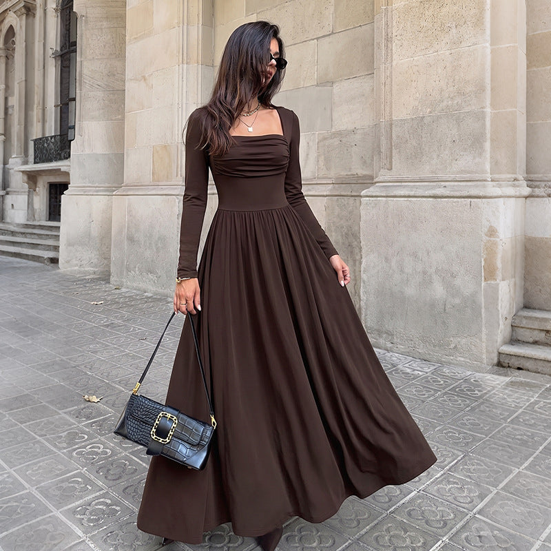Brown Square Neck Long Sleeve Ruched Maxi Dress
