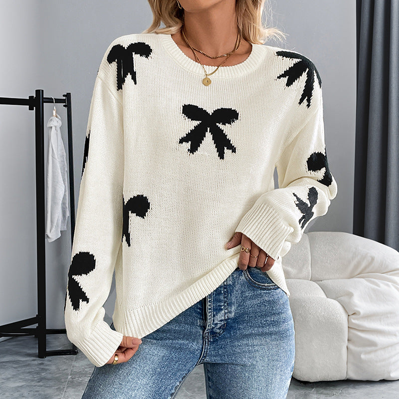 Women's Bow Sweater Long Sleeve Round Neck Knit Sweater