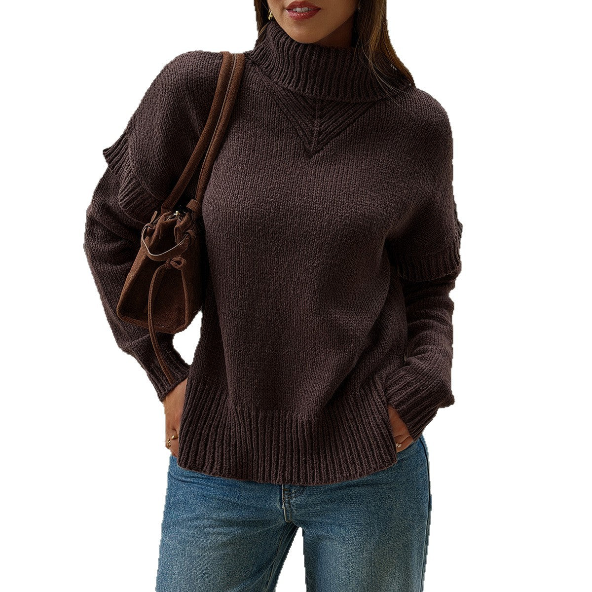 Women's Brown Chunky Knit Turtleneck Sweater