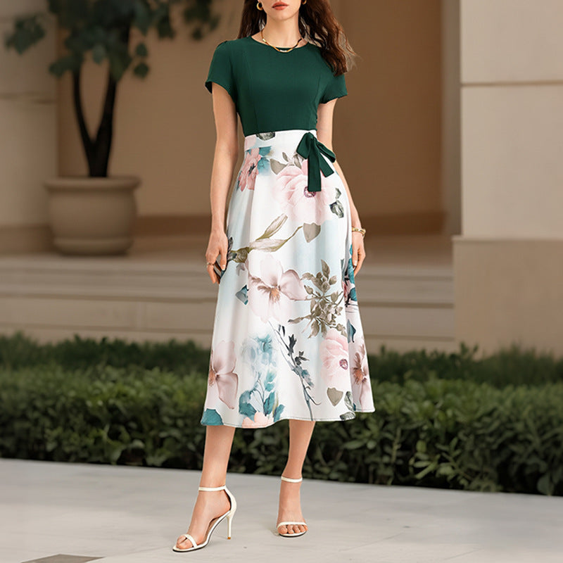 Floral Print Short Sleeve Patchwork Maxi Dress