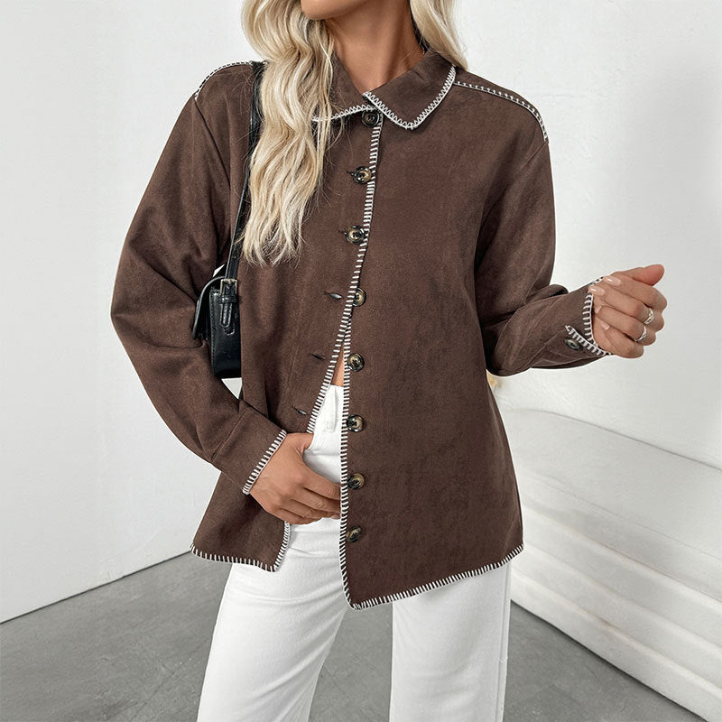 Vintage Contrast Trim Button Down Loose Shirt Jacket Women