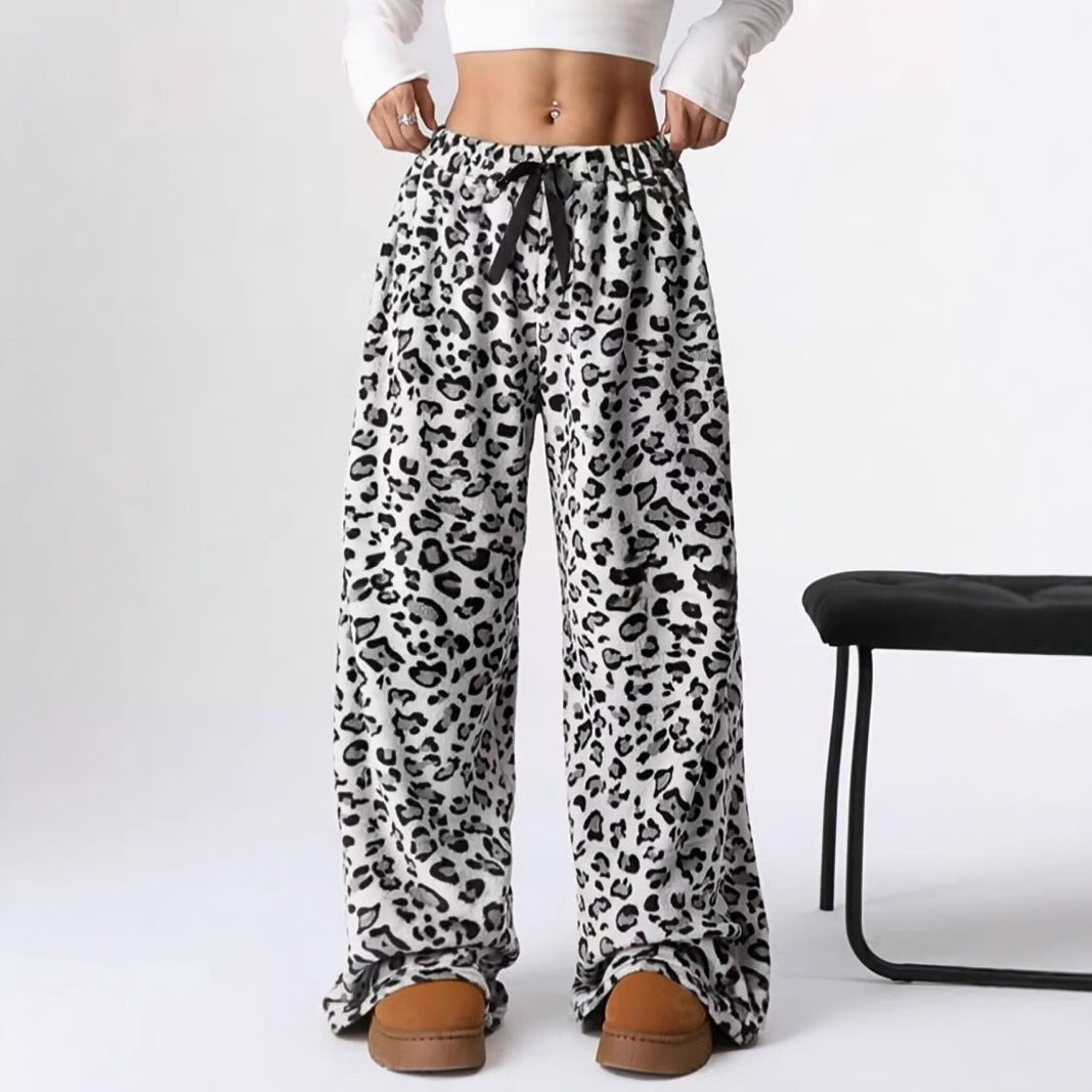 Leopard Print Wide Leg Lounge Pants High Waist Drawstring