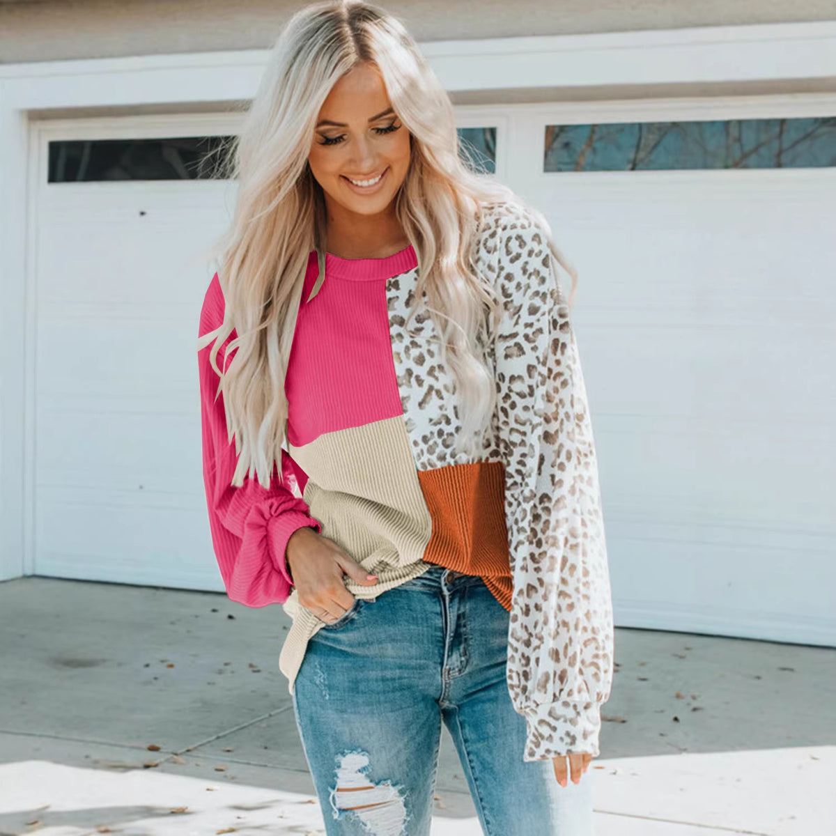 Women's Color Block Leopard Long Sleeve Knit Pullover