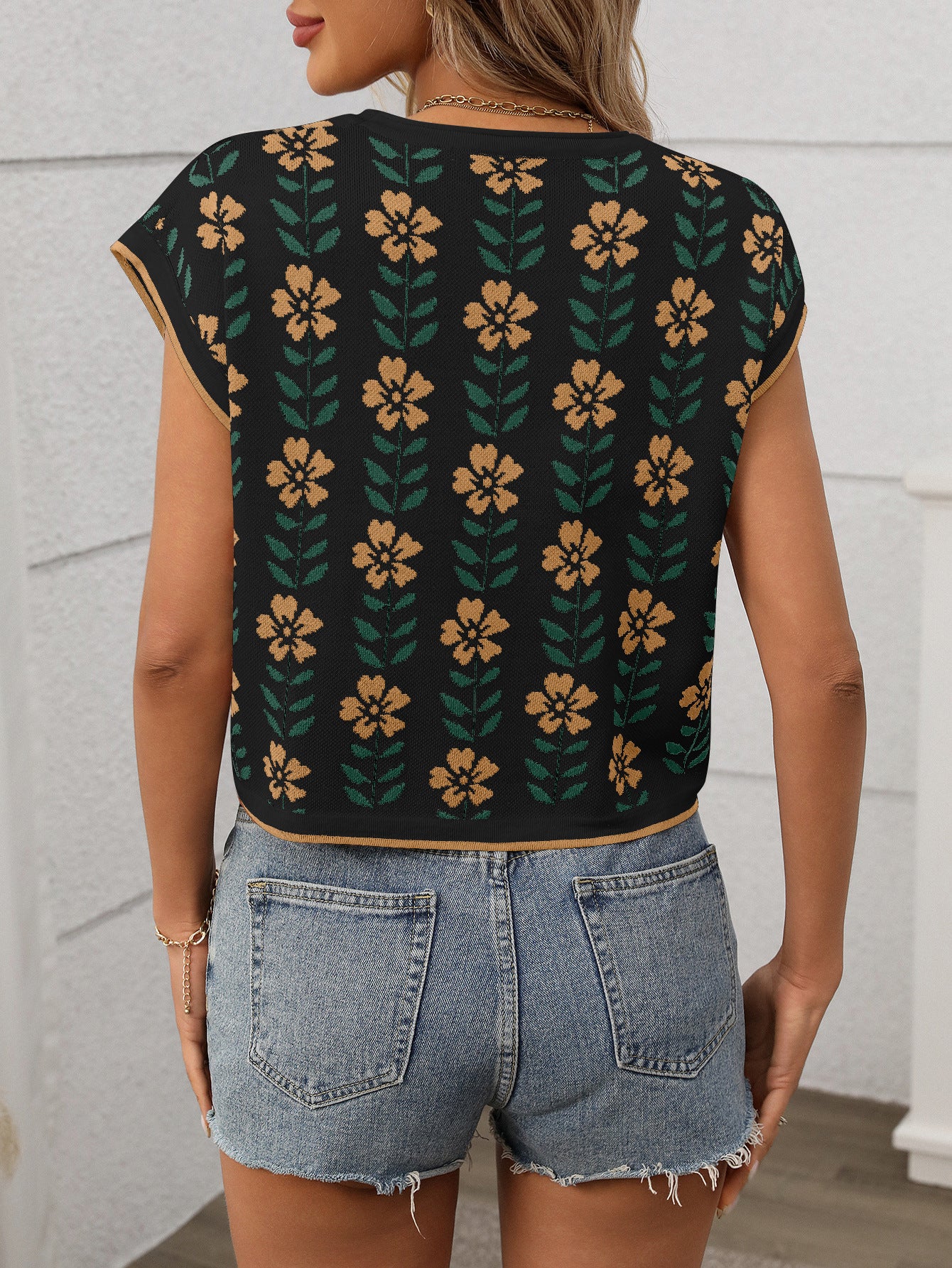 Retro Floral Knit Crop Top Short Sleeve Vintage Pullover Tee
