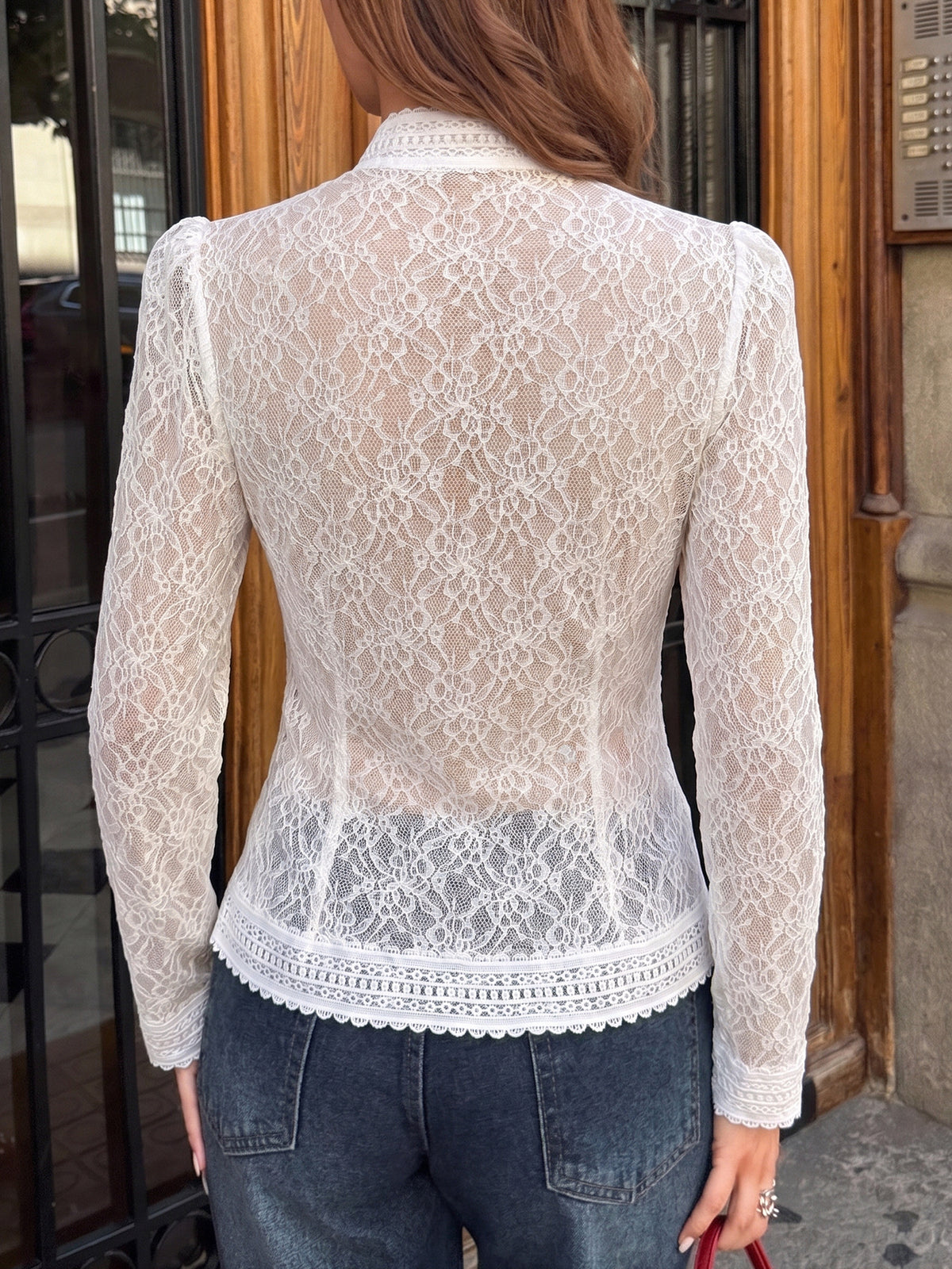 White Lace Mandarin Collar Frog Button Blouse