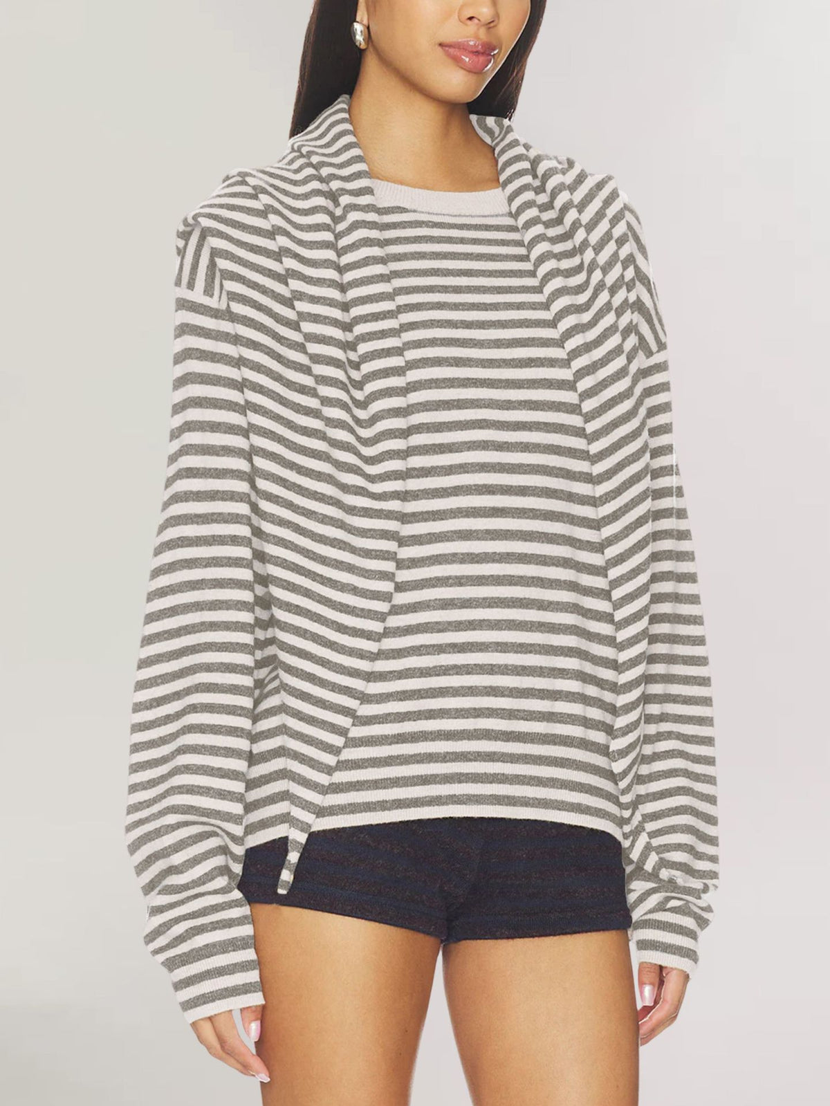 Women's Oversized Striped Sweater with Scarf Detail
