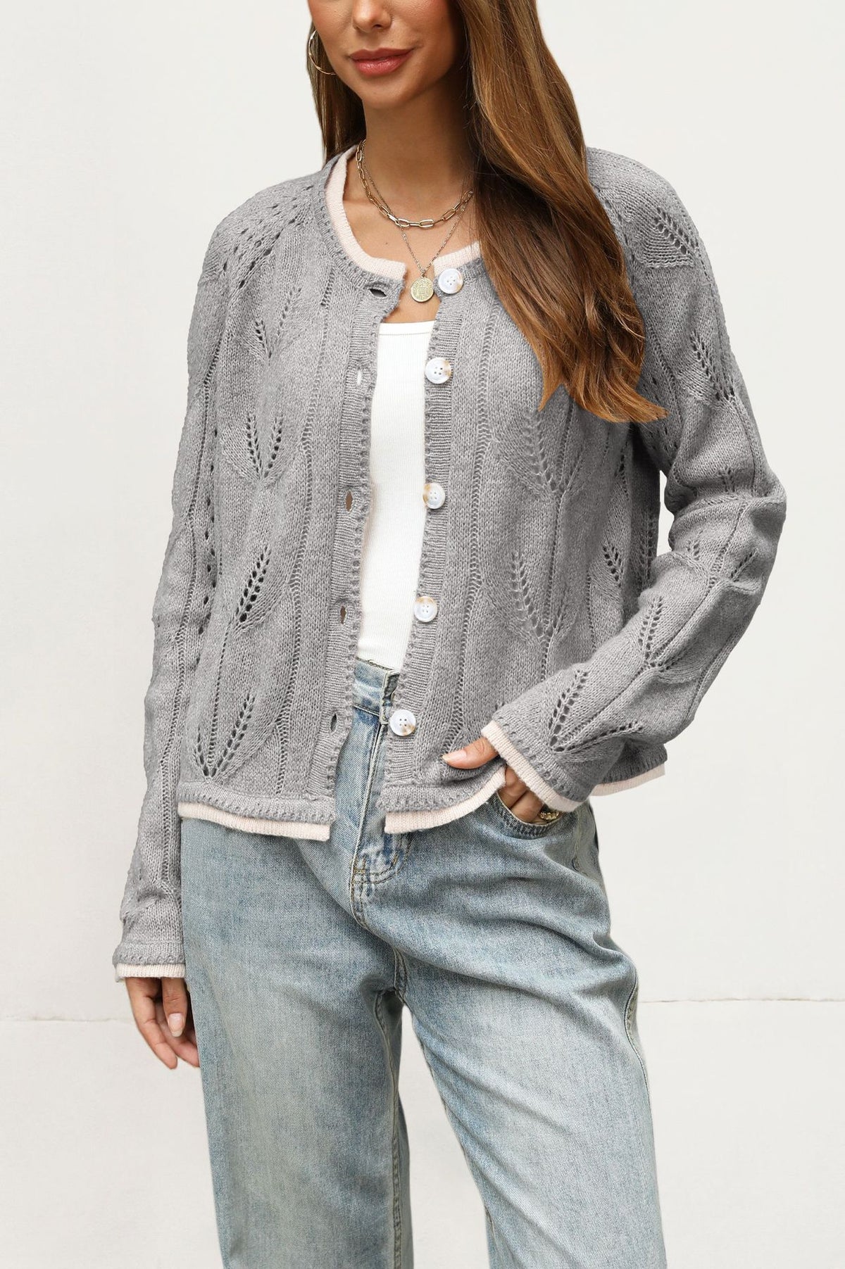 Oversized Button Cardigan Contrast Trim Sweater