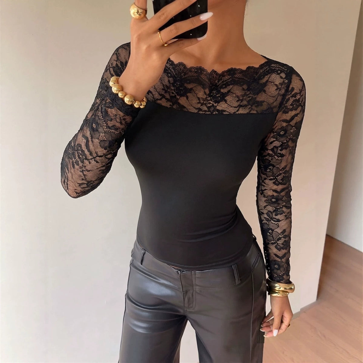 Sexy Black Lace Boat Neck Long Sleeve Fitted Top
