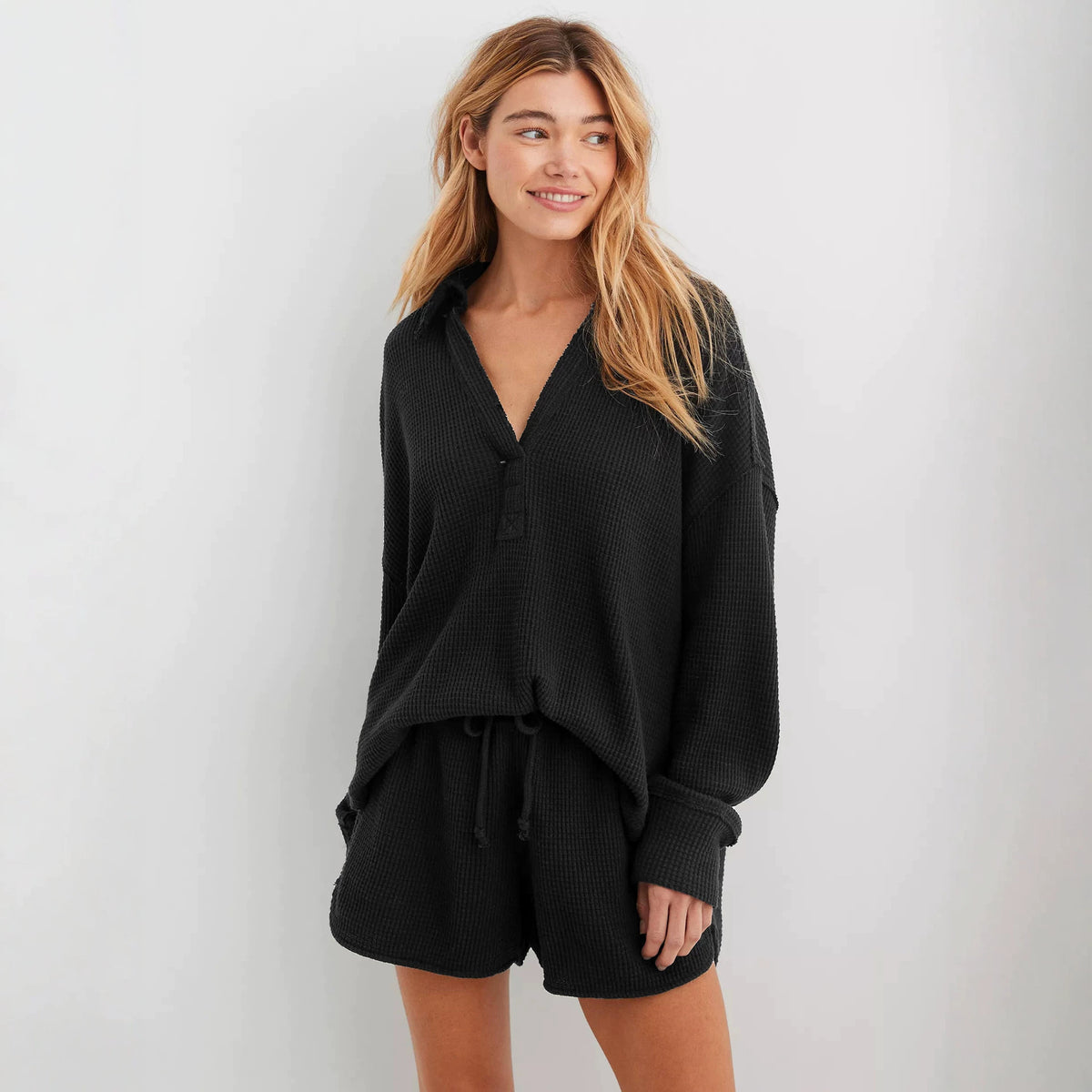 Oversized Waffle Knit Polo Collar Long Sleeve Sweater