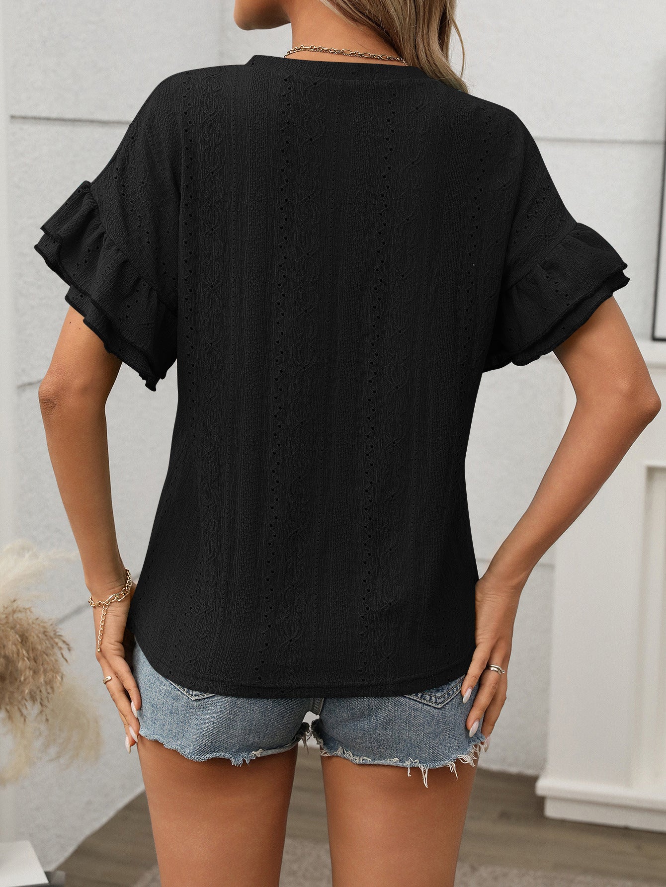 2025 summer solid color round neck lotus leaf sleeve short sleeve T-shirt top