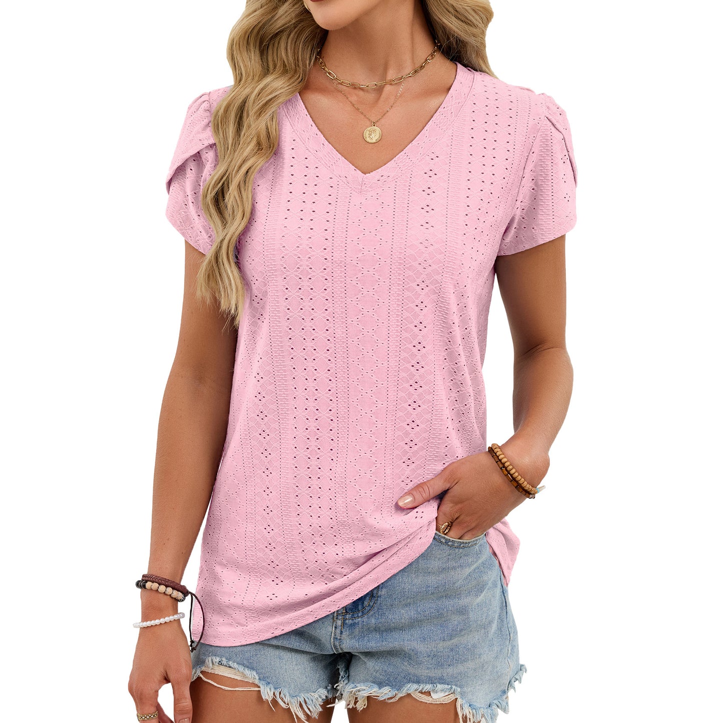 V Neck Eyelet Knit Top Flutter Sleeve Loose Tee