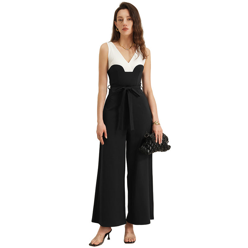 Black White Colorblock Sleeveless Wide Leg Jumpsuit