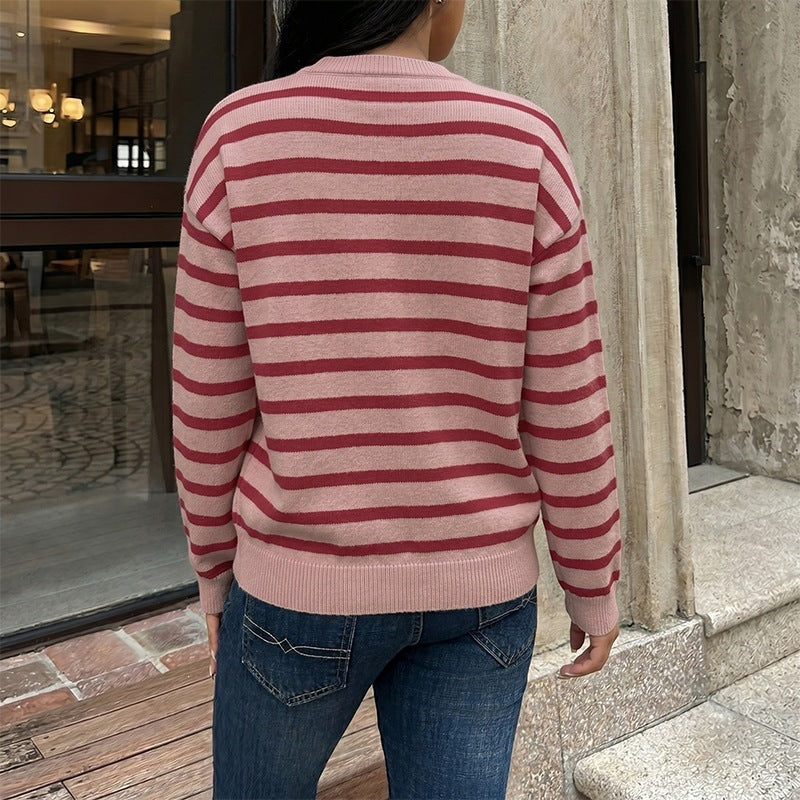Striped Cotton Cardigan Button Front Oversized Casual Style