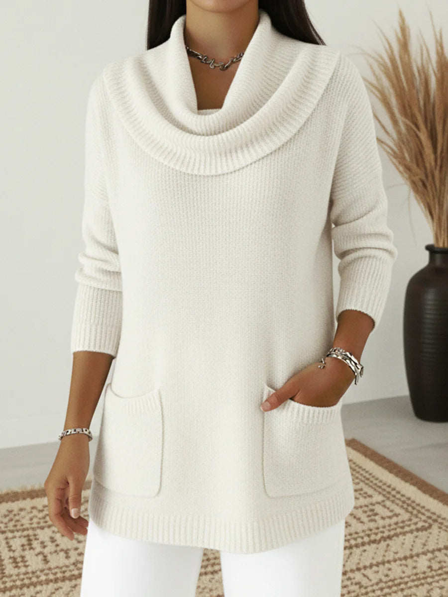 Tunic Sweater Cowl Neck Long Sleeve Top with Pockets