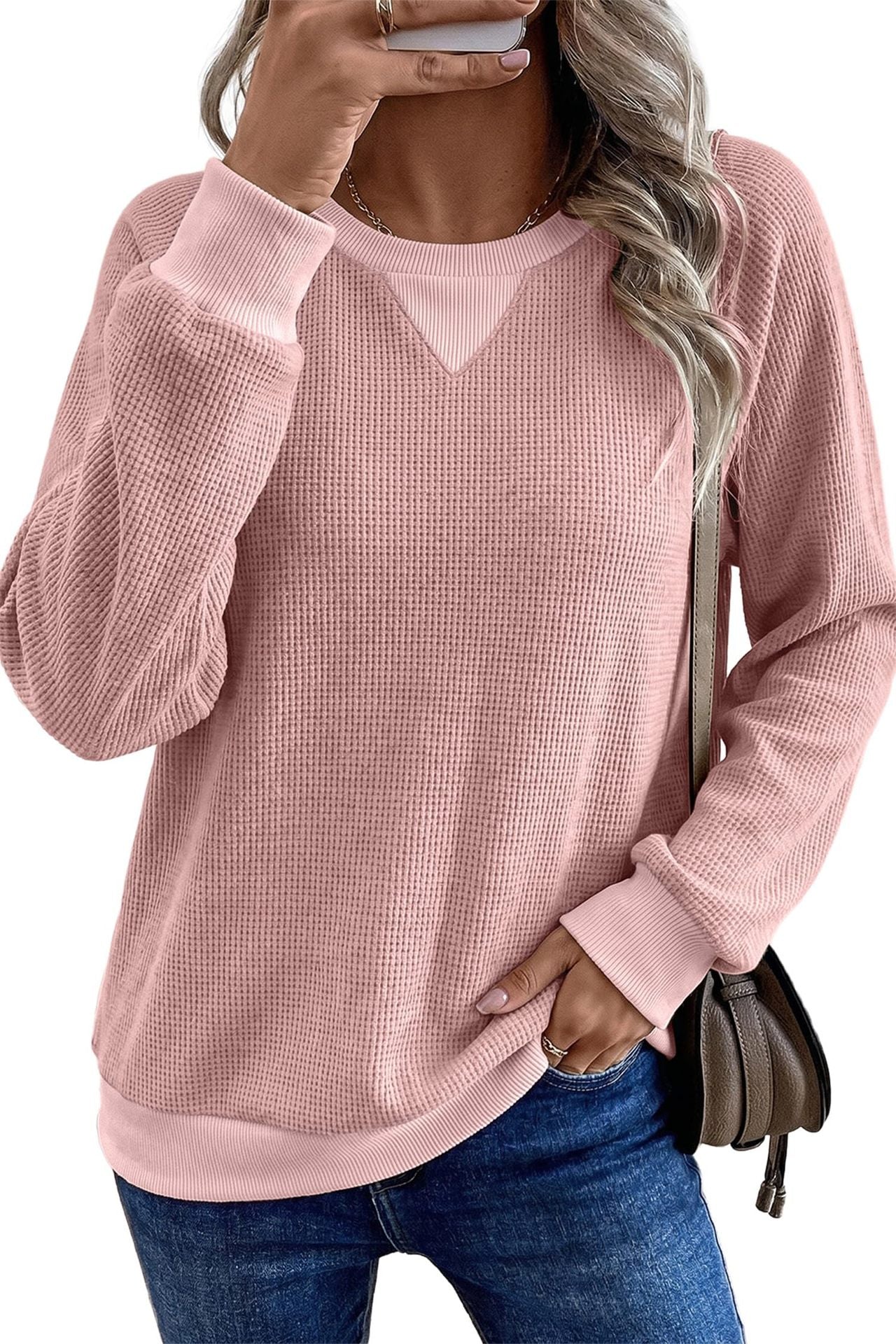Contrast Waffle Knit Long Sleeve Casual Pullover Top